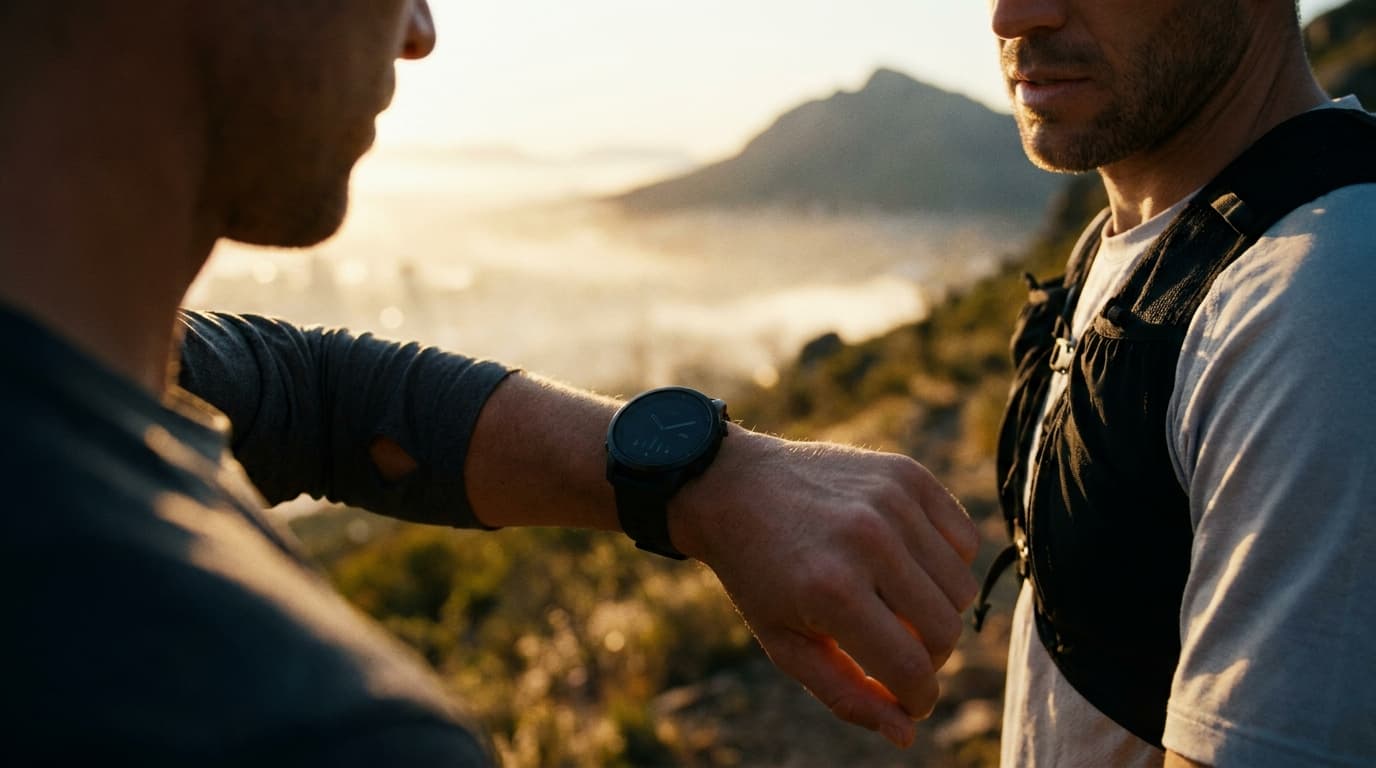 Trail runner at sunrise checking a sport watch on their wrist